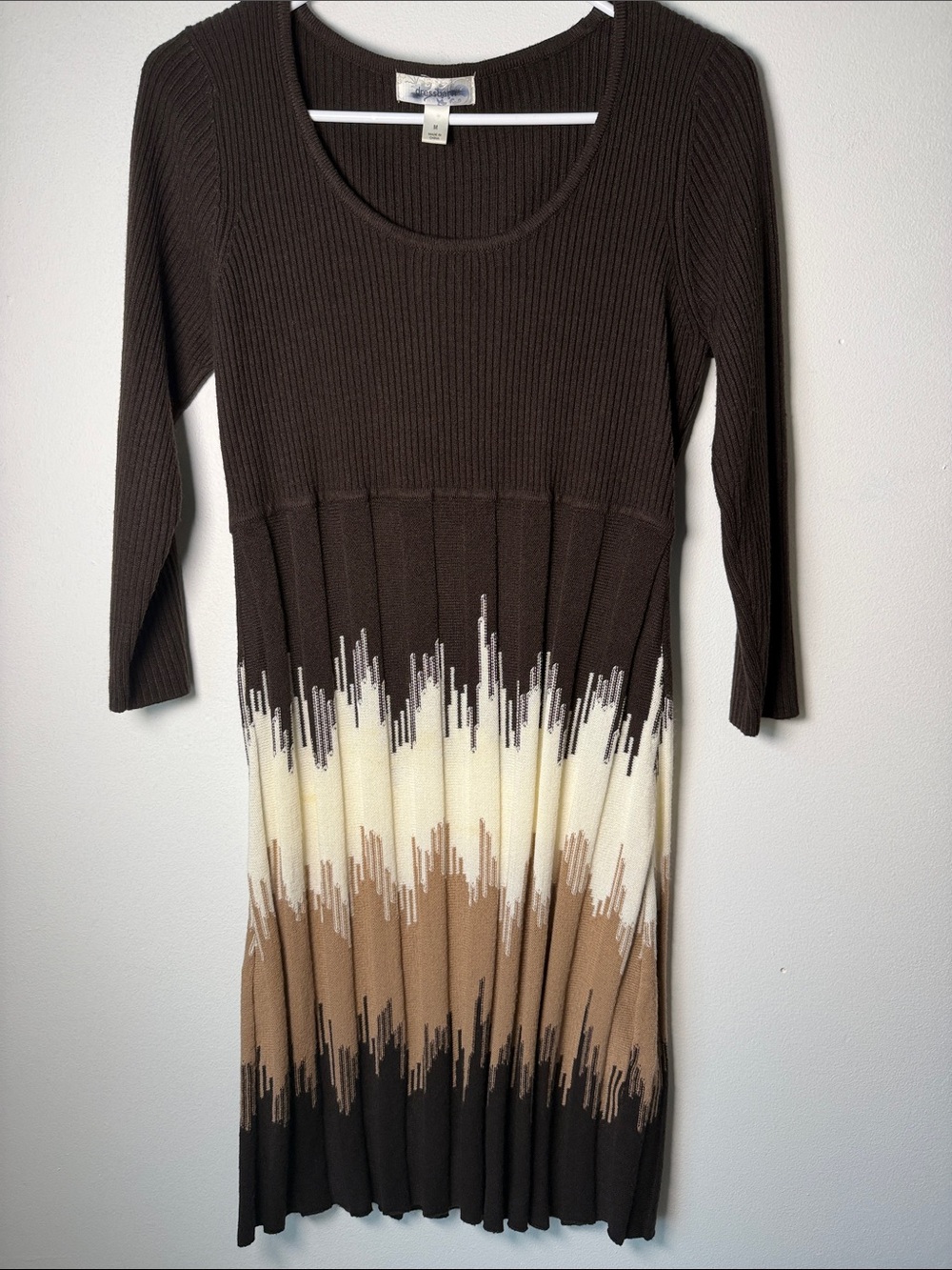 dressbarn Brown, Cream & Tan Ribbed Knit Colorblock Dress